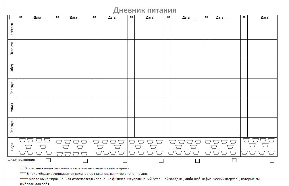 План питания распечатать