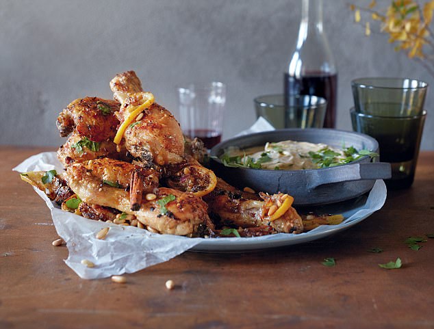 This spicy tray-baked chicken comes with a baba ghanoush-style dip. Ideally, use half fat-free and half full-fat yogurt. Like so much Middle Eastern food, this is a great dish to serve at ambient temperature or newly cooled as well as hot ¿ good finger-food for an alfresco lunch