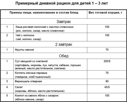 Список блюд и порции рациона для детей от одного года до трех лет на завтрак и обед