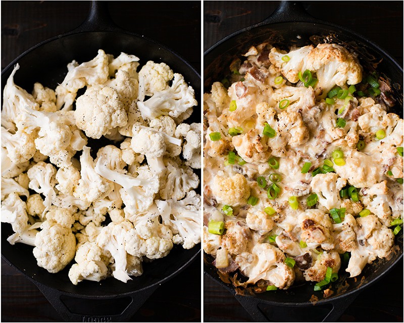 Ovenproof skillet containing raw cauliflower florets, before roasting, to be used in cauliflower gratin dish and then Cauliflower gratin dish in an ovenproof skillet, complete with toppings and Greek yogurt sauce 